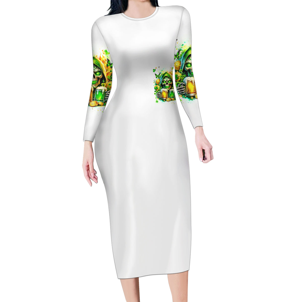 Irish Skull Family Matching Long Sleeve Bodycon Dress and Hawaiian Shirt To Wash Down Another Beer To Wash Down This Beer - Wonder Print Shop