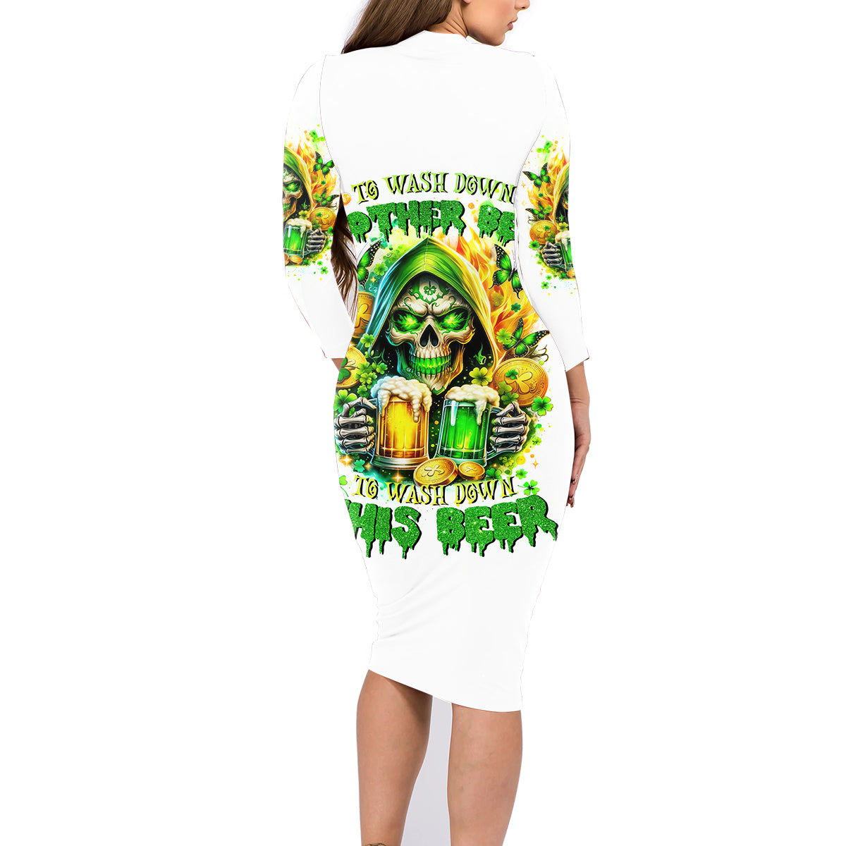 Irish Skull Family Matching Long Sleeve Bodycon Dress and Hawaiian Shirt To Wash Down Another Beer To Wash Down This Beer - Wonder Print Shop
