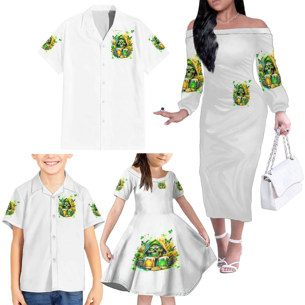 Irish Skull Family Matching Off Shoulder Long Sleeve Dress and Hawaiian Shirt To Wash Down Another Beer To Wash Down This Beer - Wonder Print Shop
