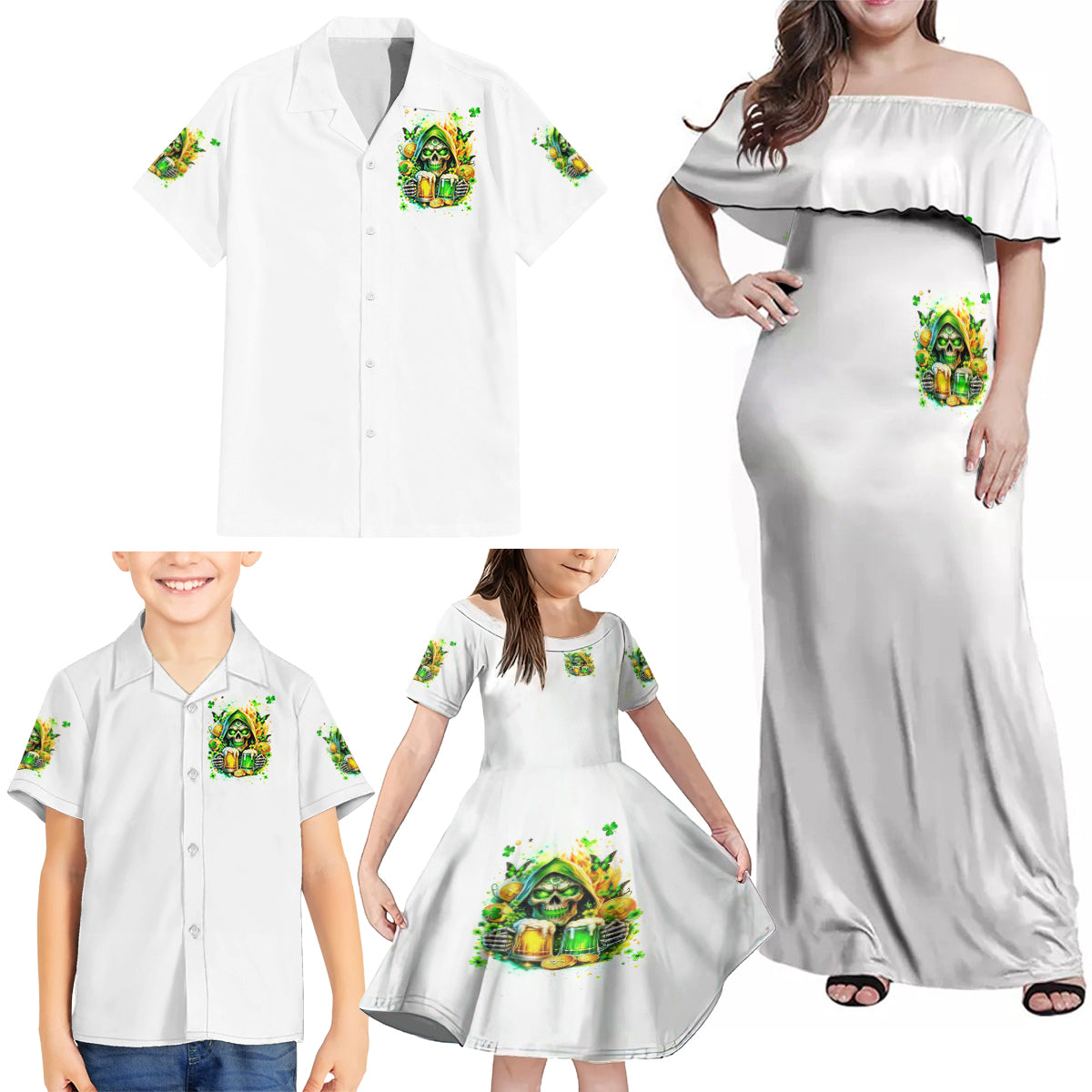 Irish Skull Family Matching Off Shoulder Maxi Dress and Hawaiian Shirt To Wash Down Another Beer To Wash Down This Beer - Wonder Print Shop