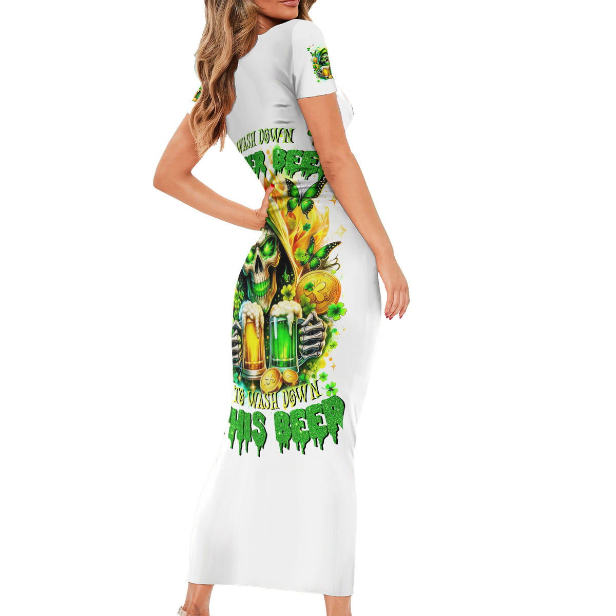 Irish Skull Family Matching Short Sleeve Bodycon Dress and Hawaiian Shirt To Wash Down Another Beer To Wash Down This Beer - Wonder Print Shop