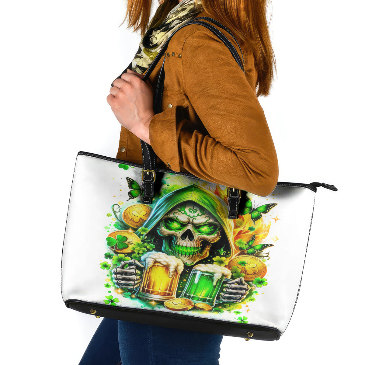 Irish Skull Leather Tote Bag To Wash Down Another Beer To Wash Down This Beer - Wonder Print Shop