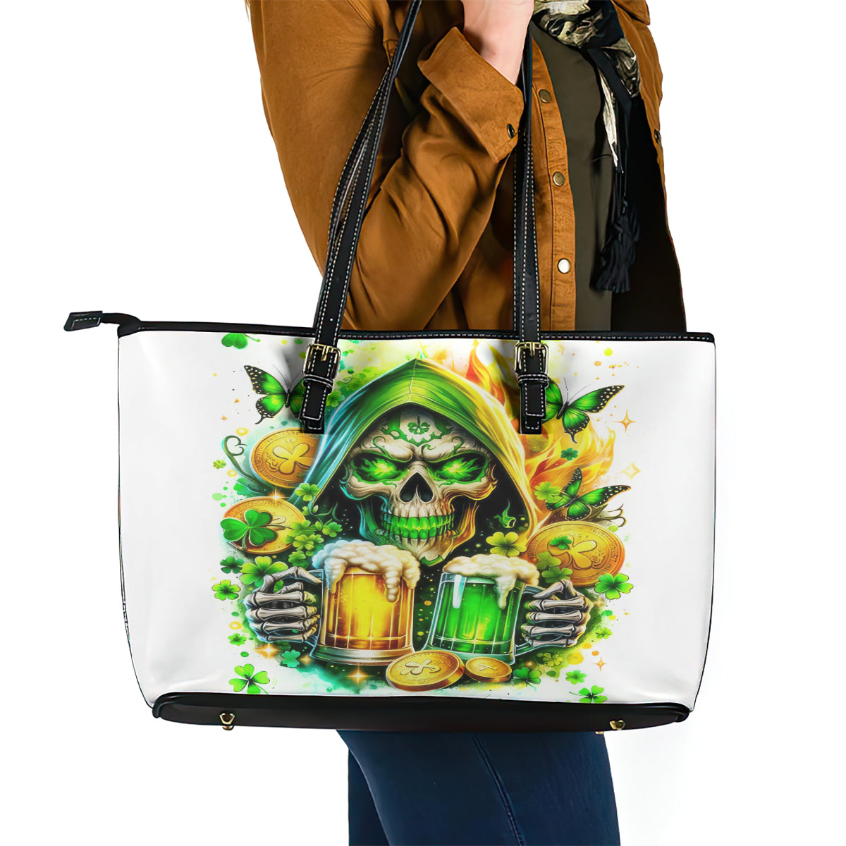 Irish Skull Leather Tote Bag To Wash Down Another Beer To Wash Down This Beer - Wonder Print Shop