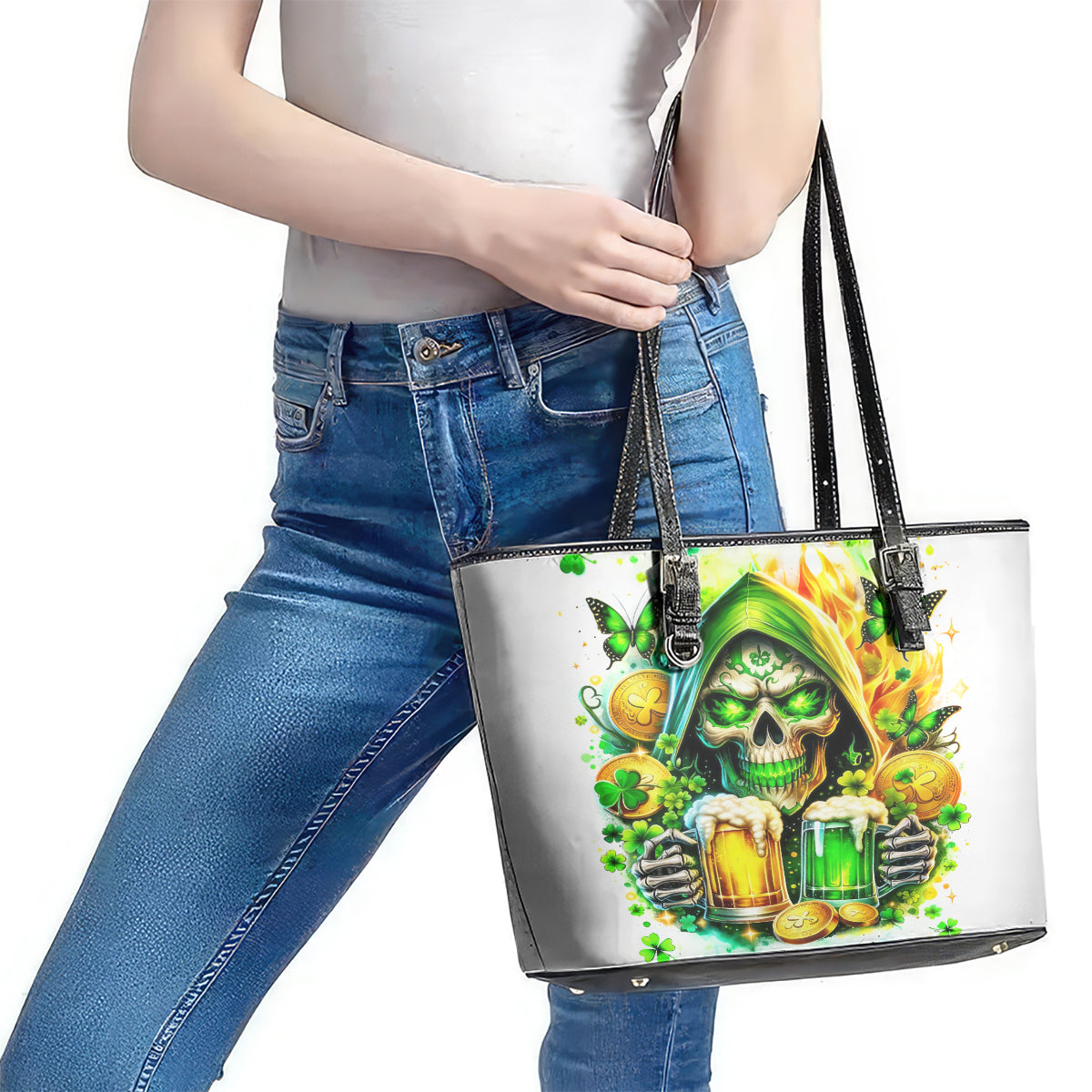 Irish Skull Leather Tote Bag To Wash Down Another Beer To Wash Down This Beer - Wonder Print Shop
