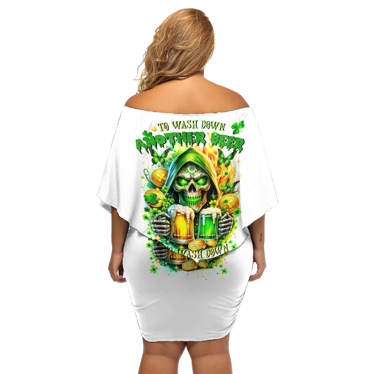 Irish Skull Off Shoulder Short Dress To Wash Down Another Beer To Wash Down This Beer - Wonder Print Shop