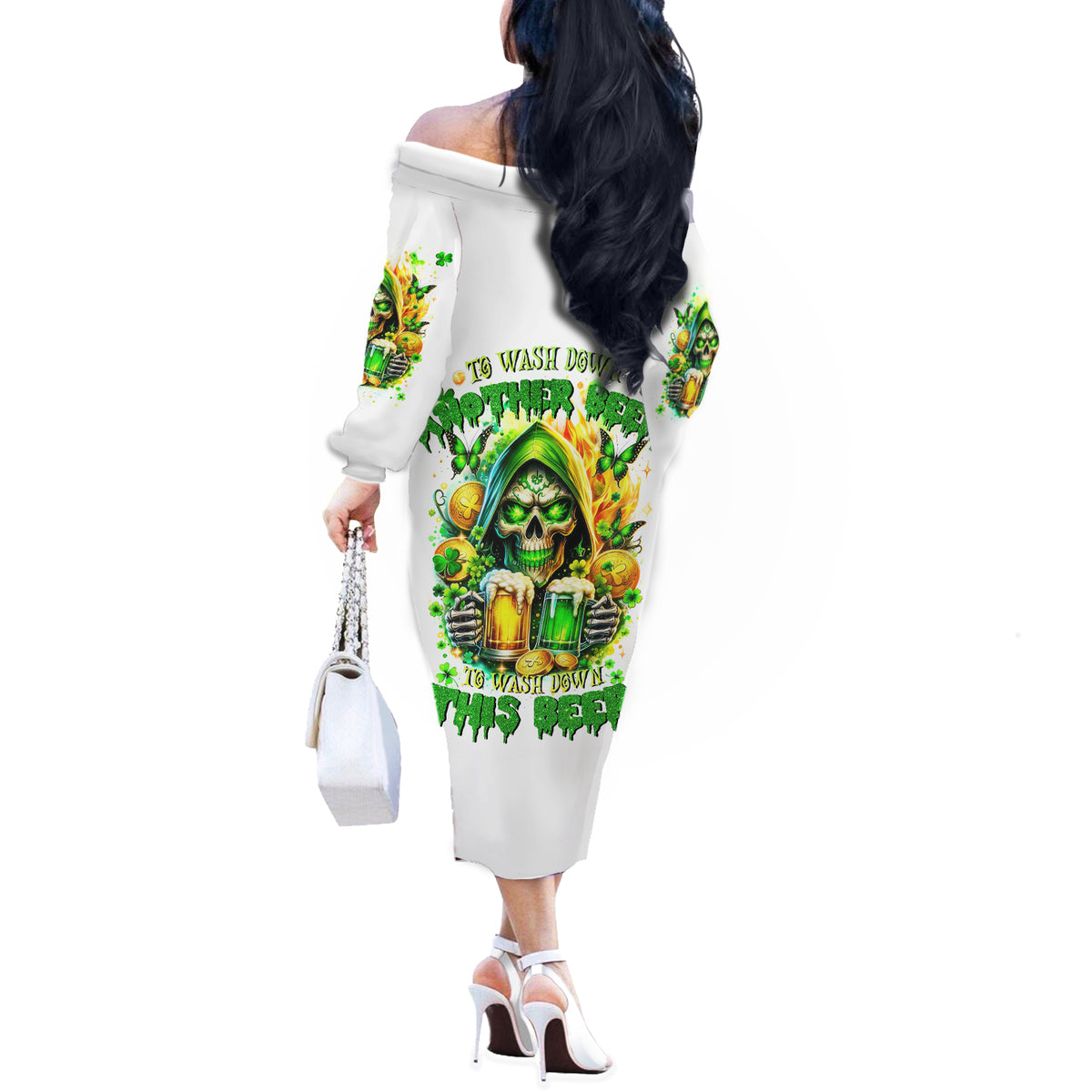 Irish Skull Off The Shoulder Long Sleeve Dress To Wash Down Another Beer To Wash Down This Beer - Wonder Print Shop