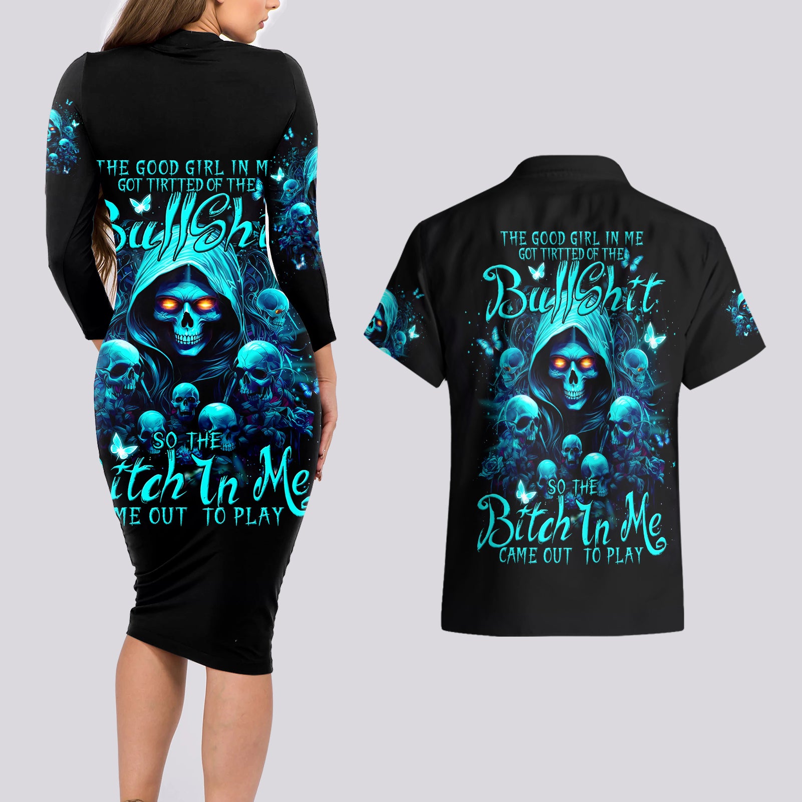 Witch Skull Couples Matching Long Sleeve Bodycon Dress and Hawaiian Shirt The Good Girl In Me Got Tired Of The Bullshit - Wonder Print Shop