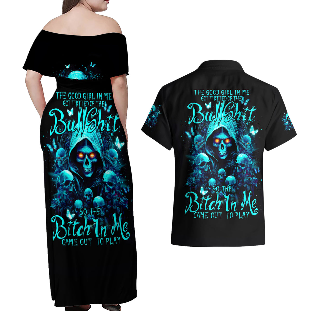 Witch Skull Couples Matching Off Shoulder Maxi Dress and Hawaiian Shirt The Good Girl In Me Got Tired Of The Bullshit - Wonder Print Shop