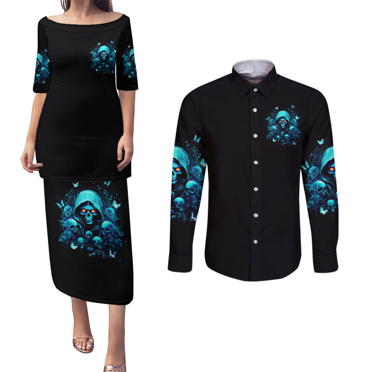 Witch Skull Couples Matching Puletasi and Long Sleeve Button Shirt The Good Girl In Me Got Tired Of The Bullshit - Wonder Print Shop