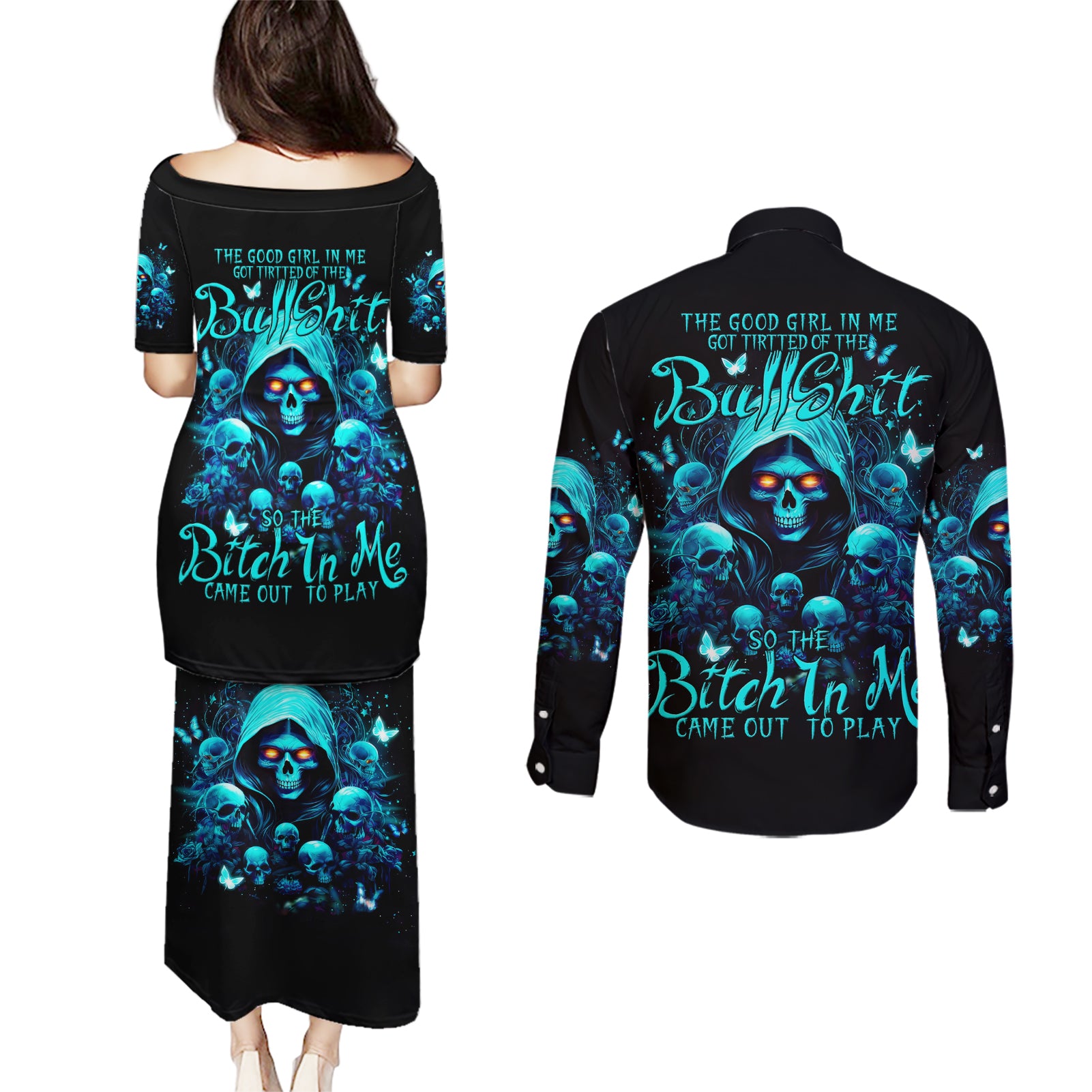 Witch Skull Couples Matching Puletasi and Long Sleeve Button Shirt The Good Girl In Me Got Tired Of The Bullshit - Wonder Print Shop