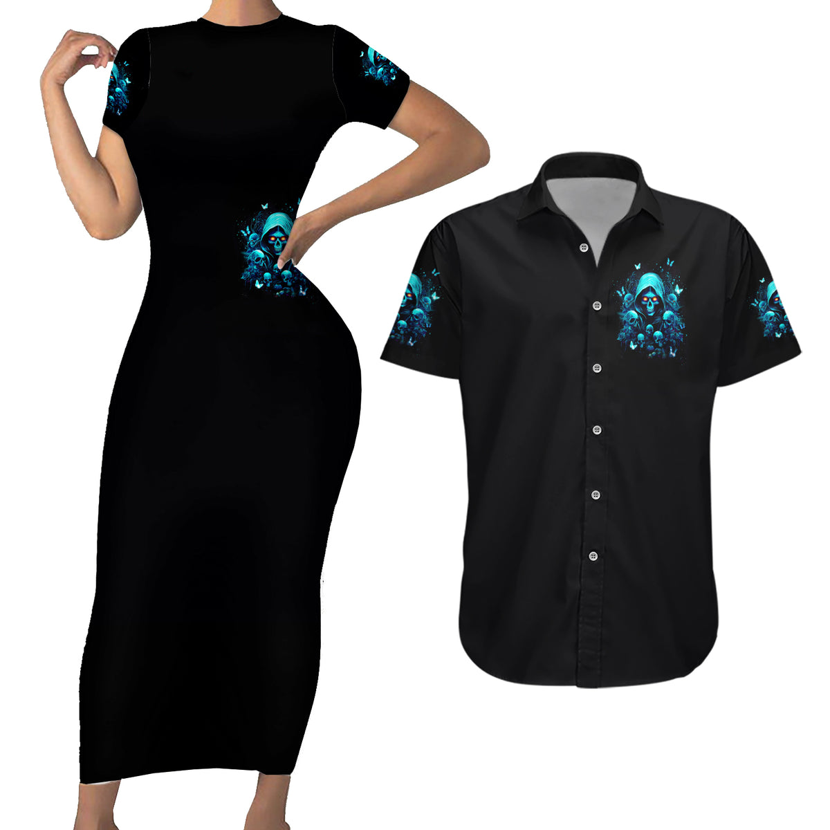 Witch Skull Couples Matching Short Sleeve Bodycon Dress and Hawaiian Shirt The Good Girl In Me Got Tired Of The Bullshit - Wonder Print Shop