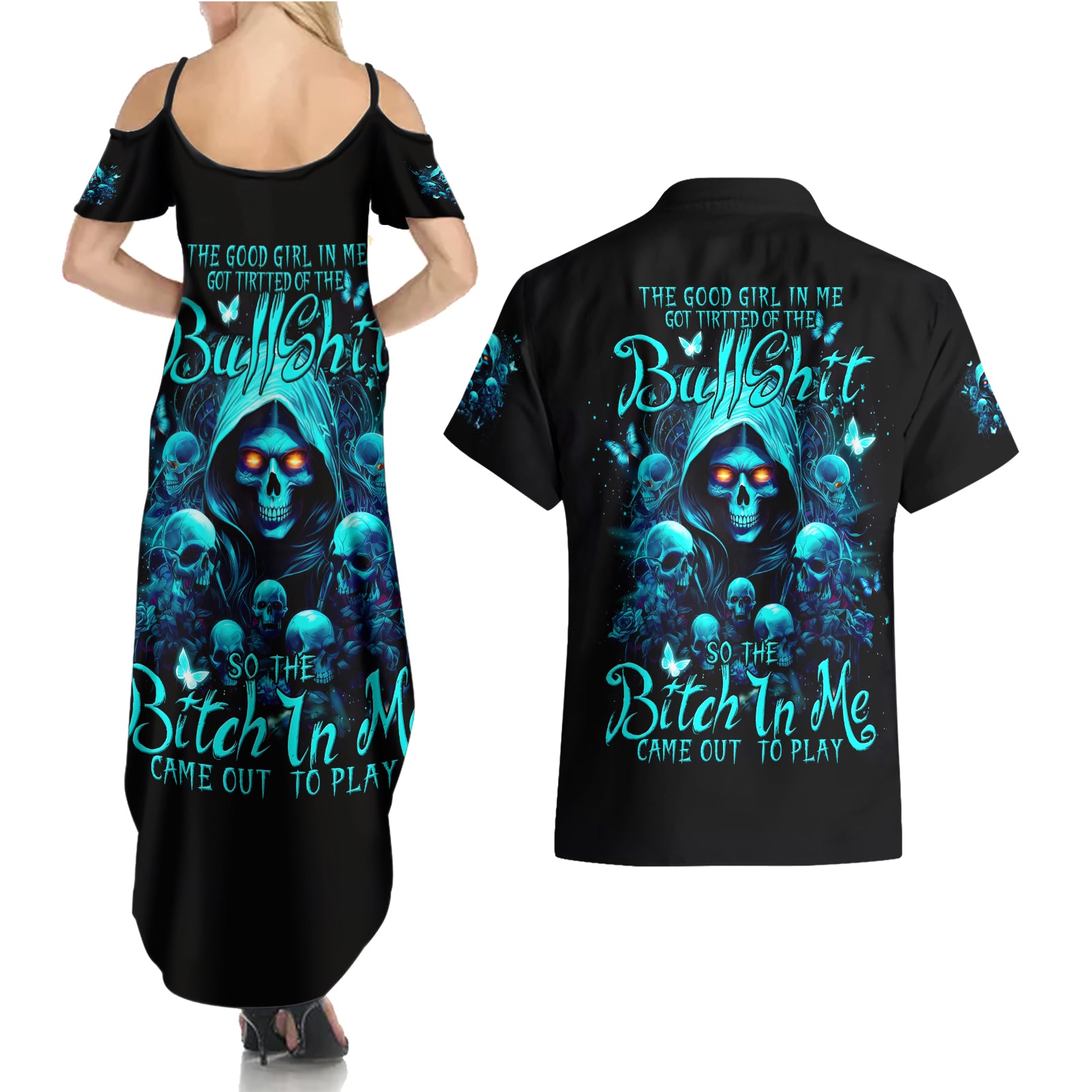 Witch Skull Couples Matching Summer Maxi Dress and Hawaiian Shirt The Good Girl In Me Got Tired Of The Bullshit - Wonder Print Shop