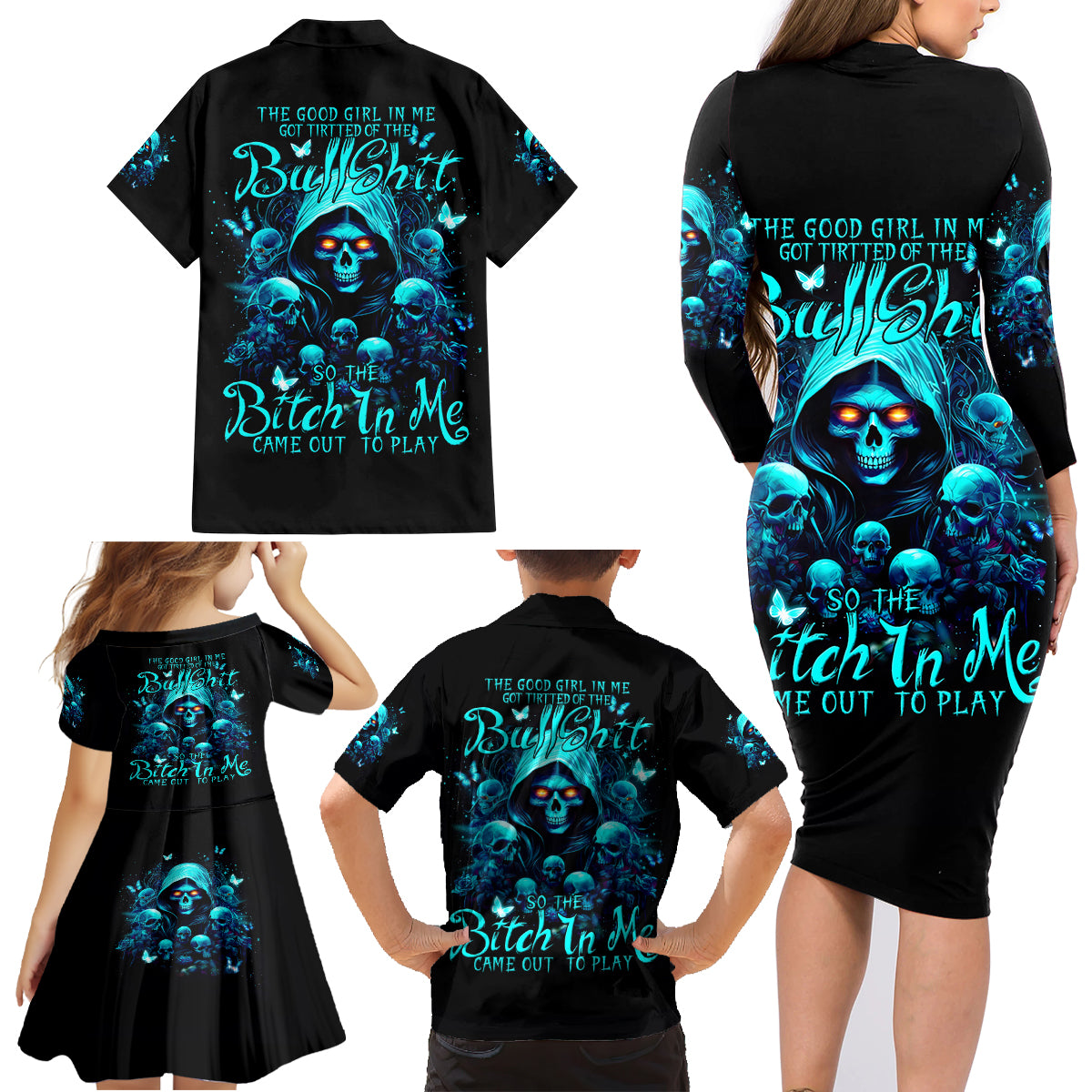 Witch Skull Family Matching Long Sleeve Bodycon Dress and Hawaiian Shirt The Good Girl In Me Got Tired Of The Bullshit - Wonder Print Shop