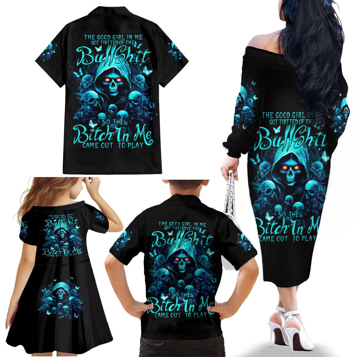 Witch Skull Family Matching Off Shoulder Long Sleeve Dress and Hawaiian Shirt The Good Girl In Me Got Tired Of The Bullshit - Wonder Print Shop