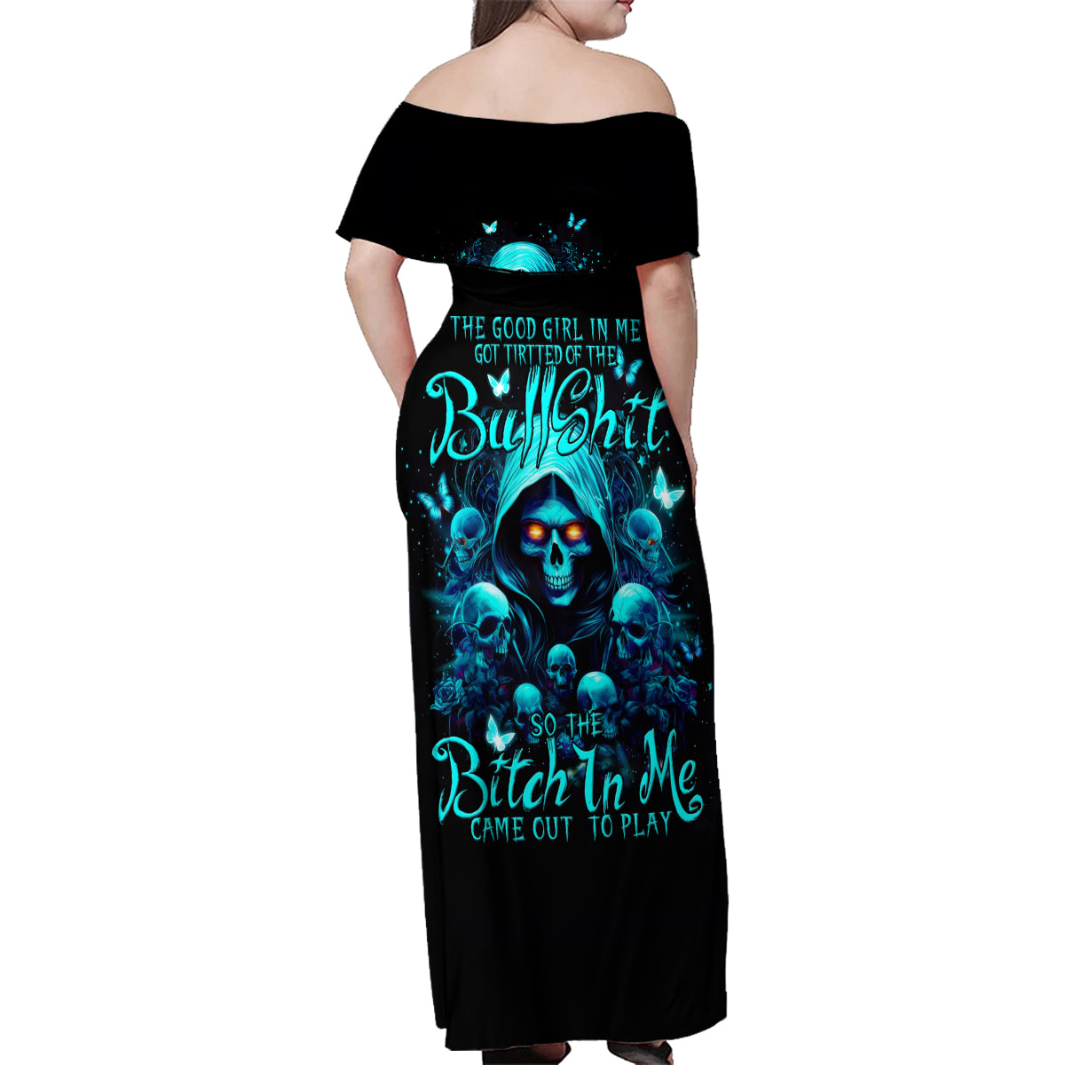 Witch Skull Family Matching Off Shoulder Maxi Dress and Hawaiian Shirt The Good Girl In Me Got Tired Of The Bullshit - Wonder Print Shop