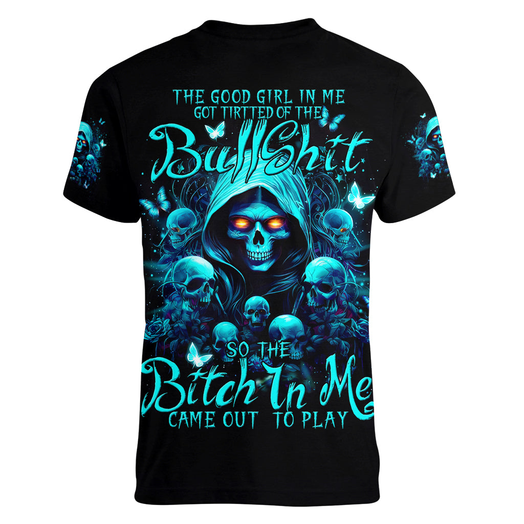 Witch Skull Women V Neck T Shirt The Good Girl In Me Got Tired Of The Bullshit - Wonder Print Shop