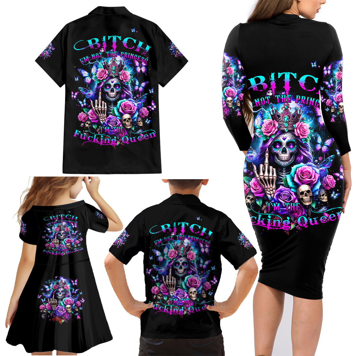 Fairy Skull Family Matching Long Sleeve Bodycon Dress and Hawaiian Shirt Bitch I'm Not A Princess I'm The Fucking Queen - Wonder Print Shop