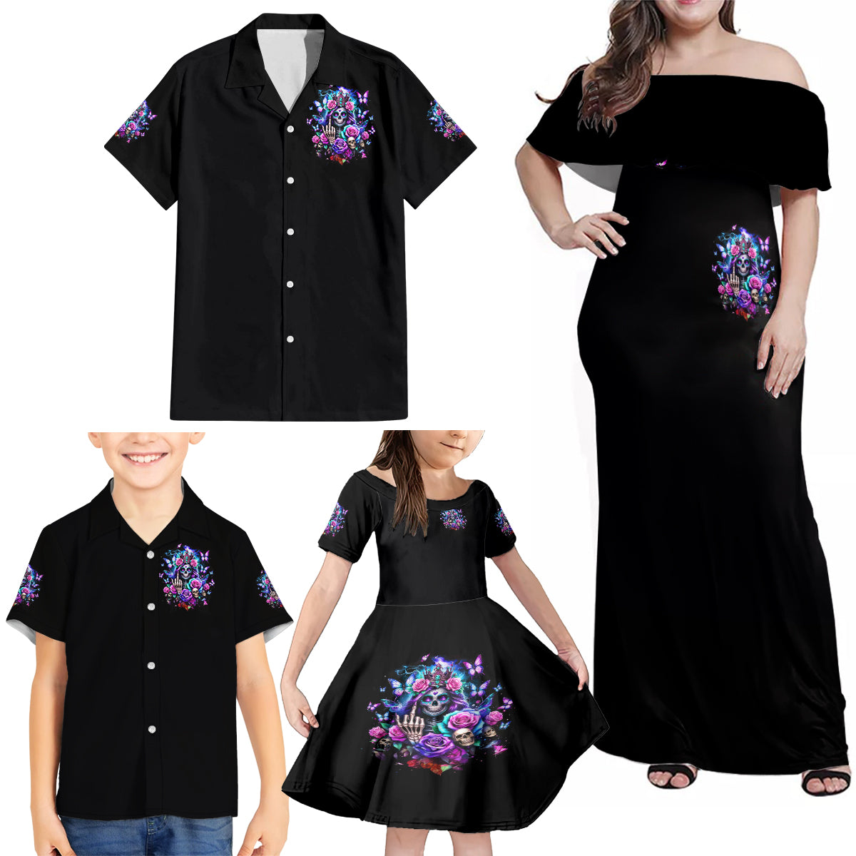 Fairy Skull Family Matching Off Shoulder Maxi Dress and Hawaiian Shirt Bitch I'm Not A Princess I'm The Fucking Queen - Wonder Print Shop
