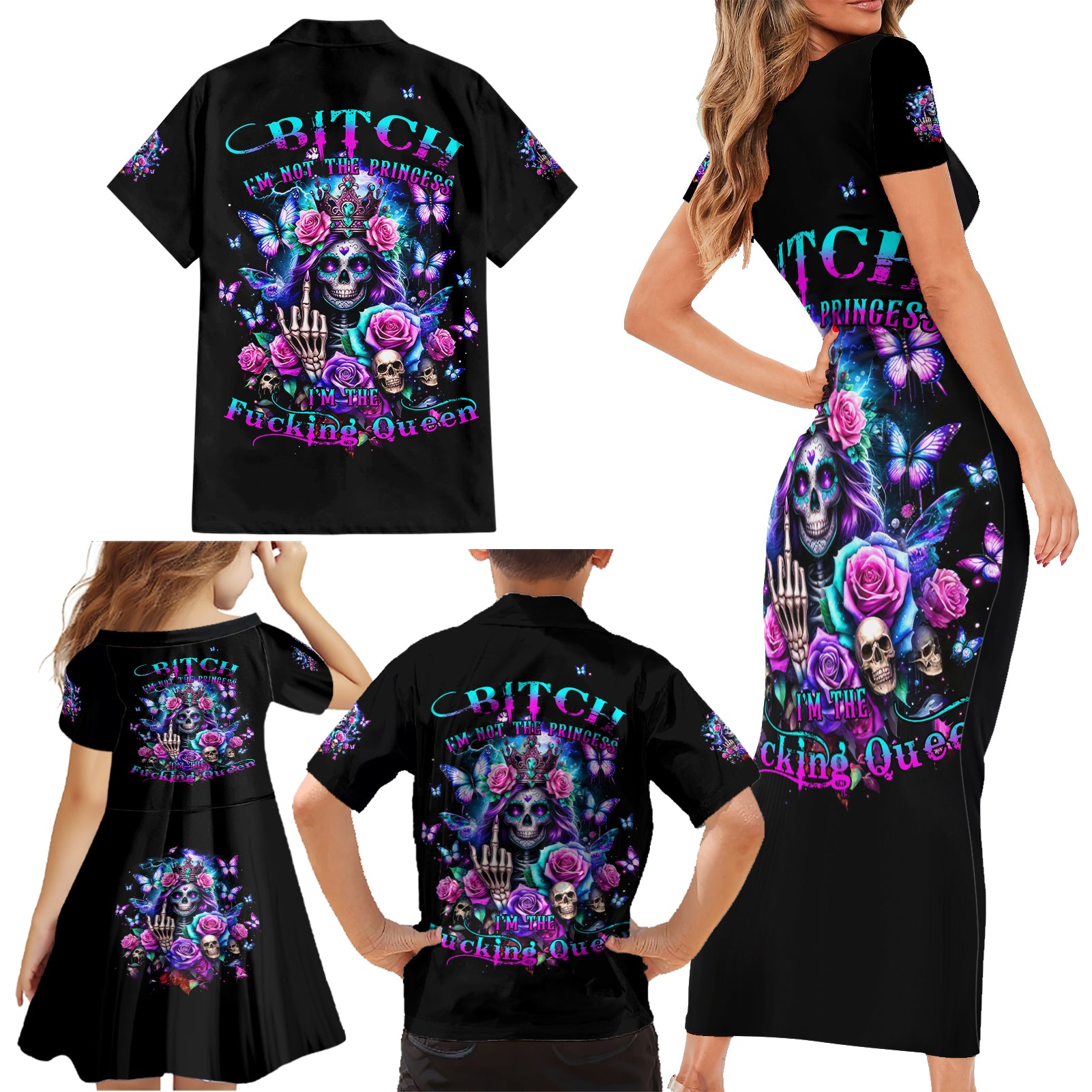 Fairy Skull Family Matching Short Sleeve Bodycon Dress and Hawaiian Shirt Bitch I'm Not A Princess I'm The Fucking Queen - Wonder Print Shop