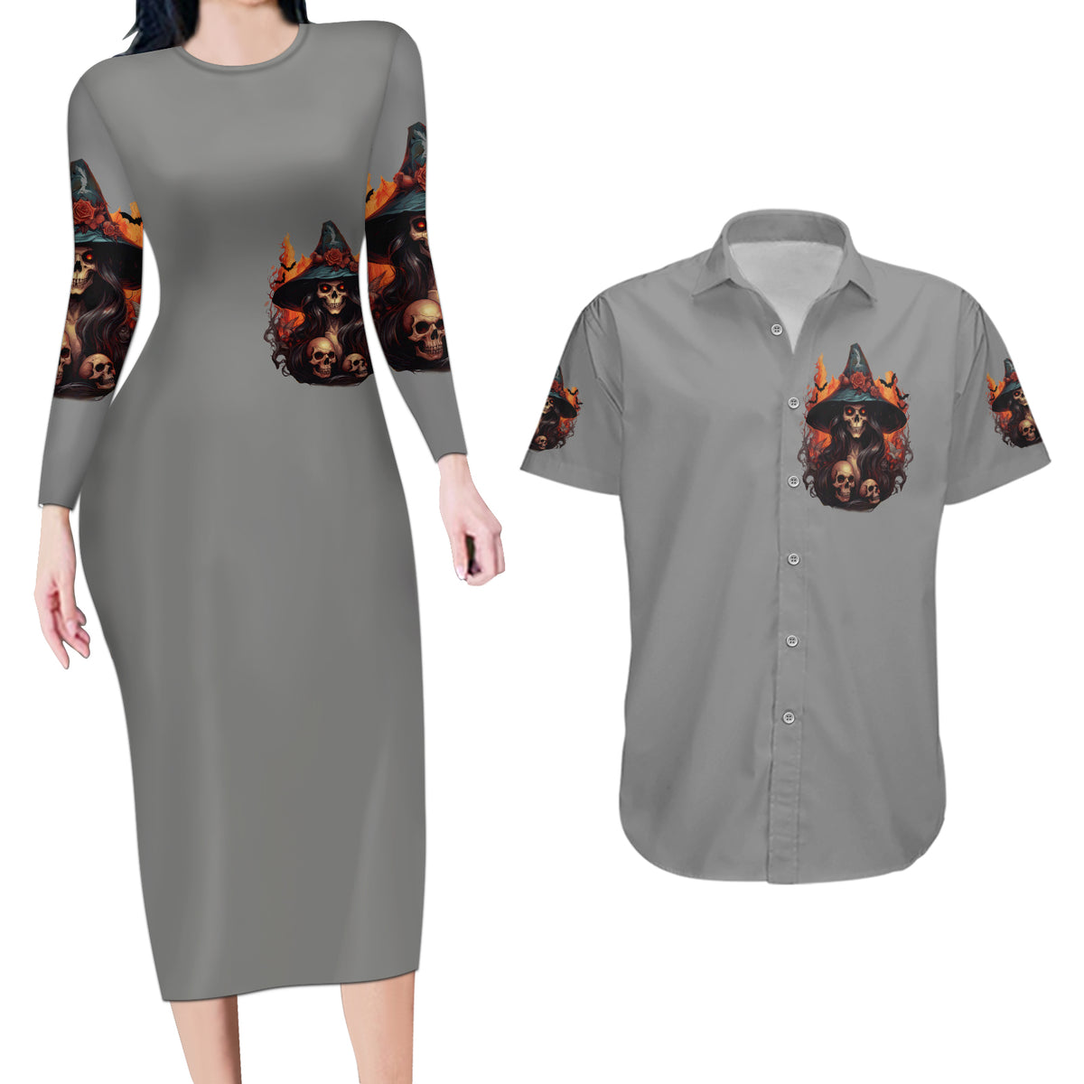 Witch Skull Couples Matching Long Sleeve Bodycon Dress and Hawaiian Shirt A Wee Bit Wicked - Wonder Print Shop