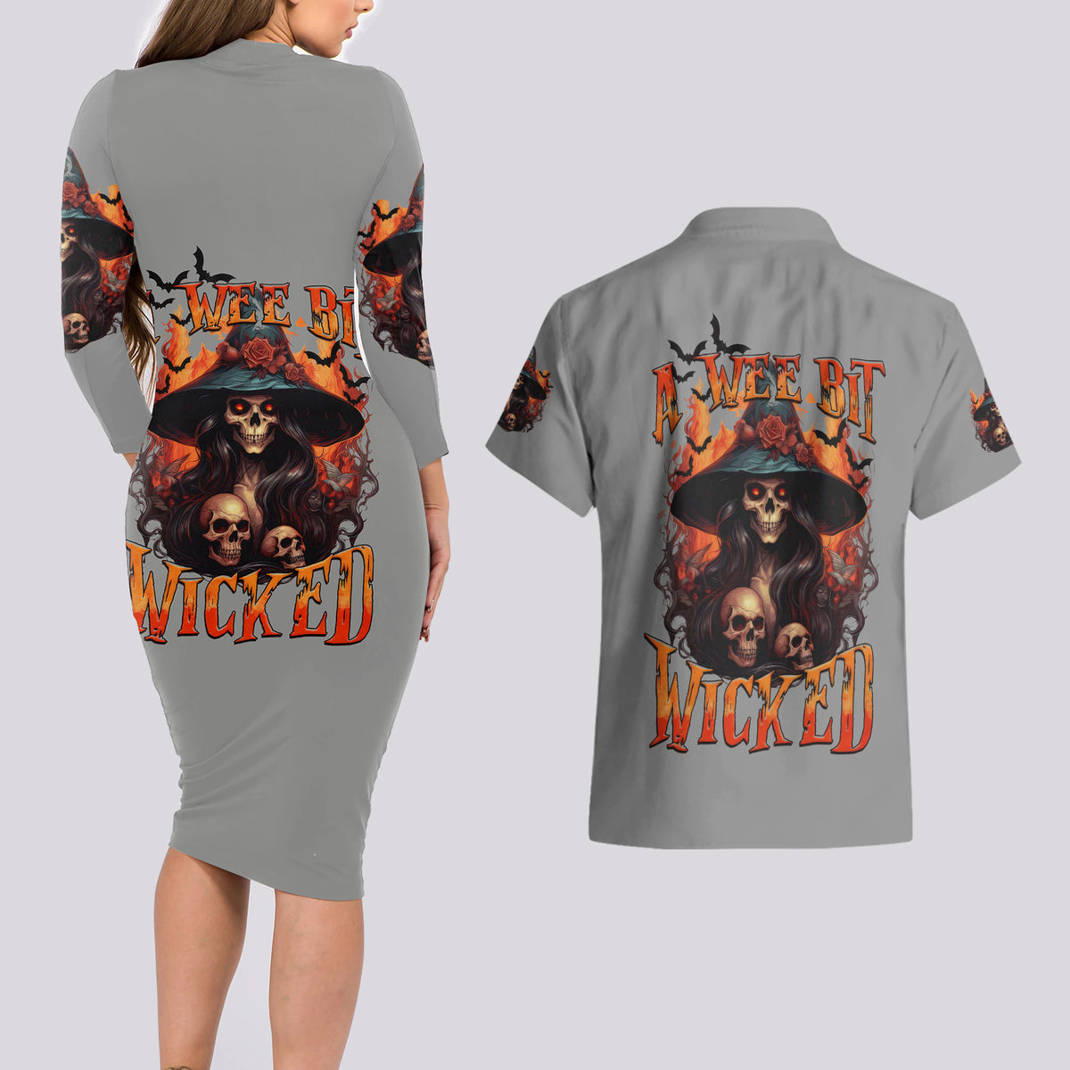 Witch Skull Couples Matching Long Sleeve Bodycon Dress and Hawaiian Shirt A Wee Bit Wicked - Wonder Print Shop
