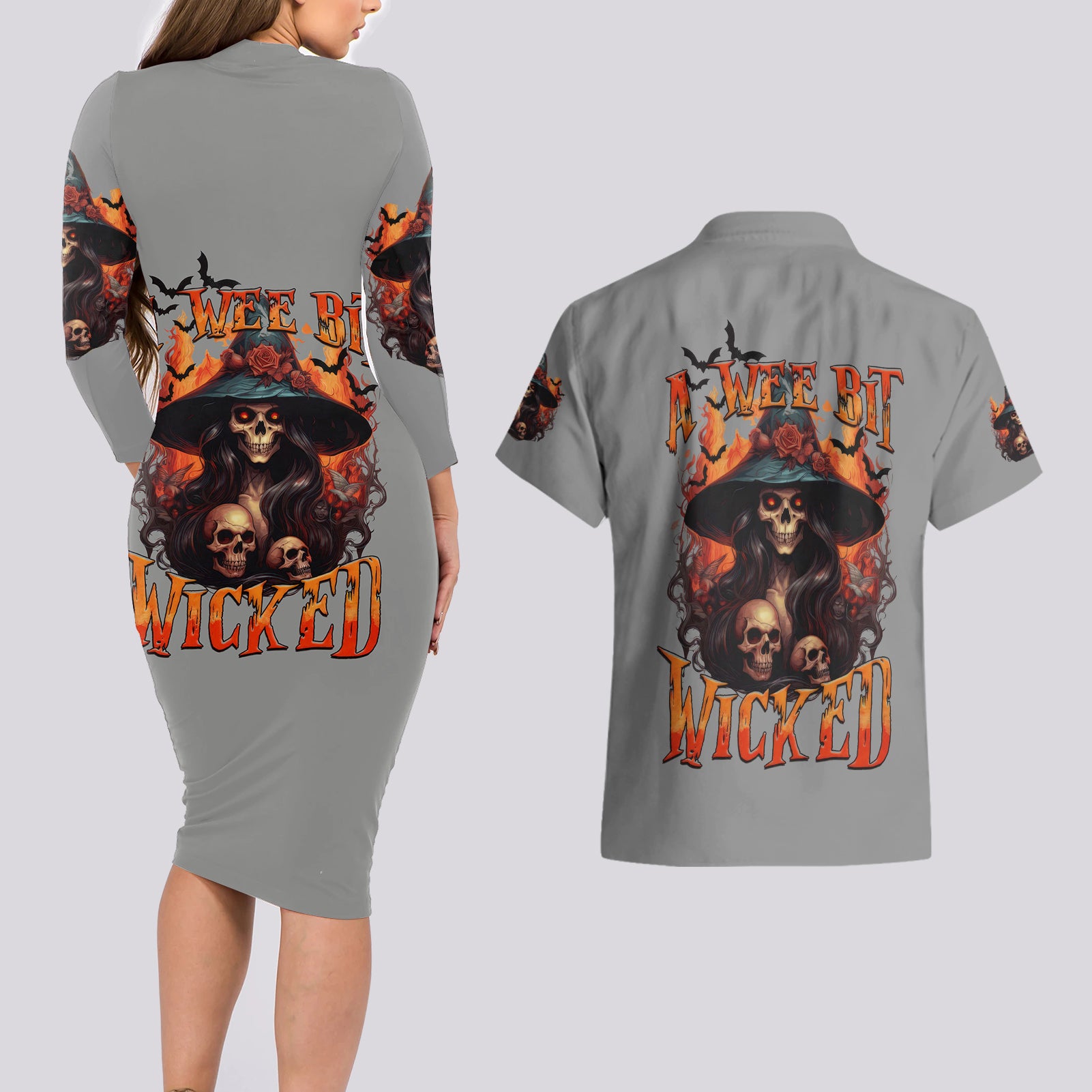 Witch Skull Couples Matching Long Sleeve Bodycon Dress and Hawaiian Shirt A Wee Bit Wicked - Wonder Print Shop