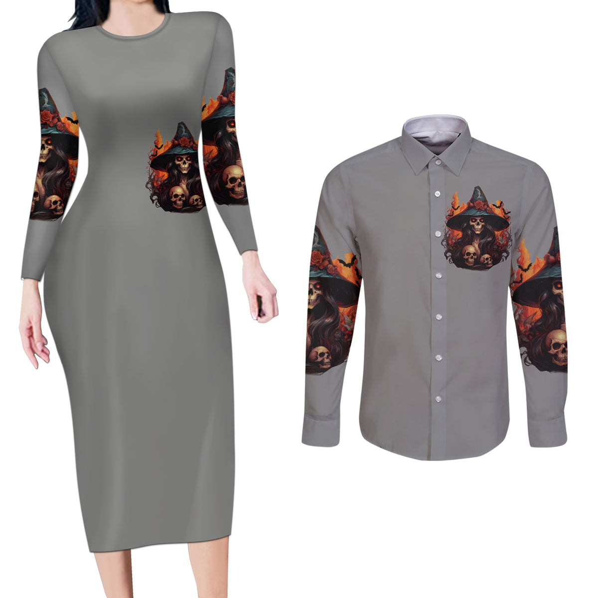 Witch Skull Couples Matching Long Sleeve Bodycon Dress and Long Sleeve Button Shirt A Wee Bit Wicked - Wonder Print Shop