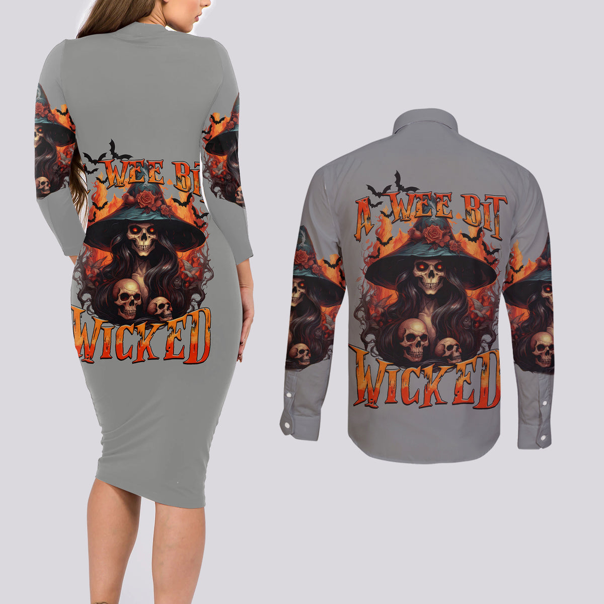 Witch Skull Couples Matching Long Sleeve Bodycon Dress and Long Sleeve Button Shirt A Wee Bit Wicked - Wonder Print Shop