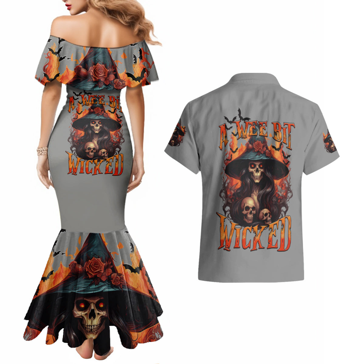 Witch Skull Couples Matching Mermaid Dress and Hawaiian Shirt A Wee Bit Wicked - Wonder Print Shop