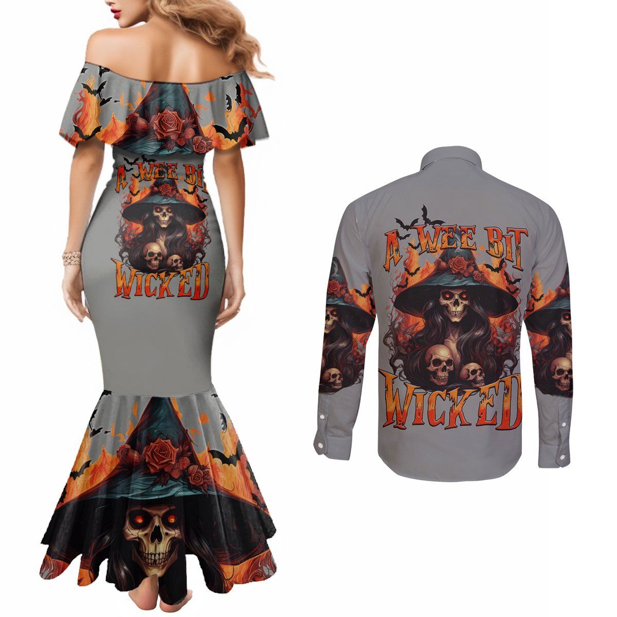 Witch Skull Couples Matching Mermaid Dress and Long Sleeve Button Shirt A Wee Bit Wicked DT01