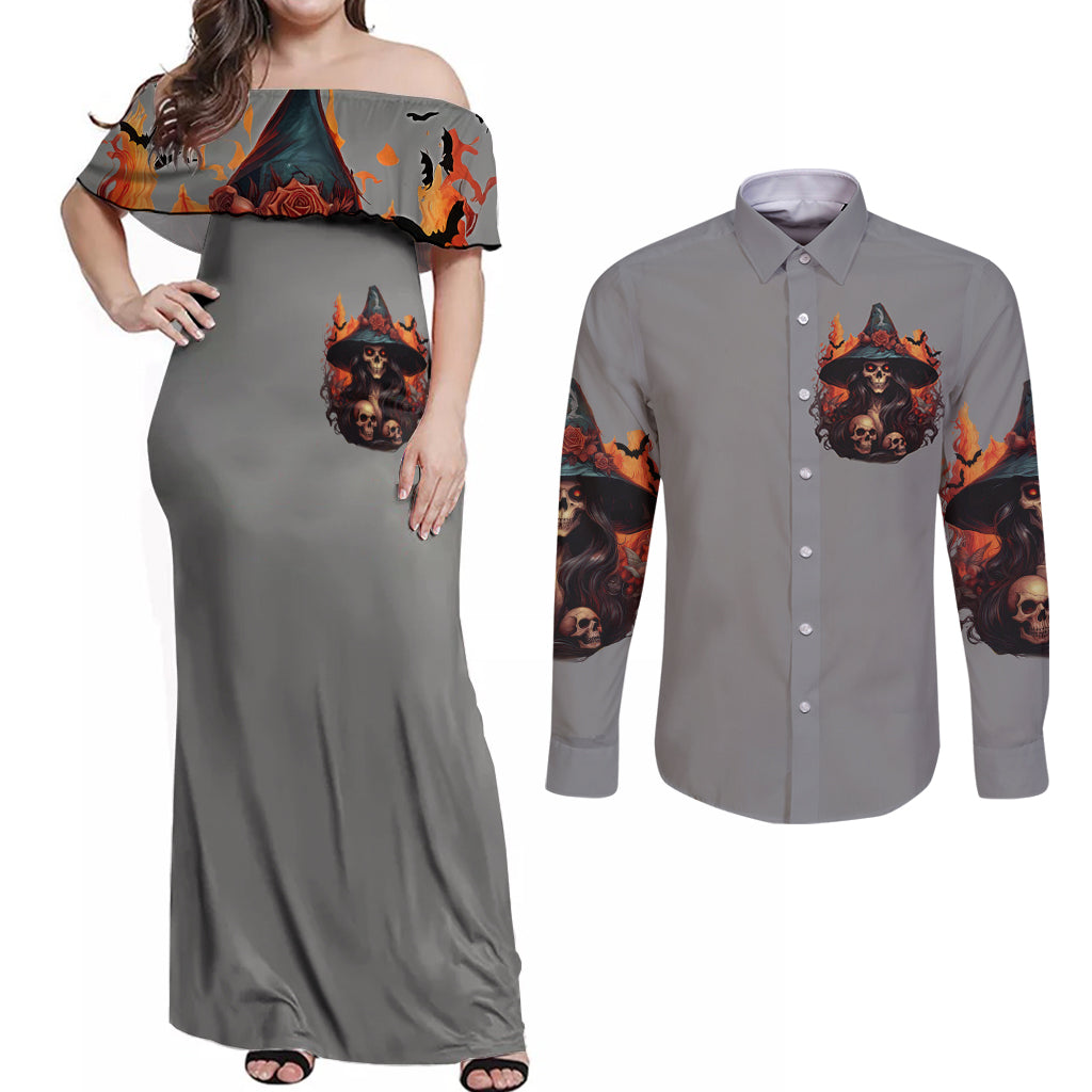 Witch Skull Couples Matching Off Shoulder Maxi Dress and Long Sleeve Button Shirt A Wee Bit Wicked - Wonder Print Shop