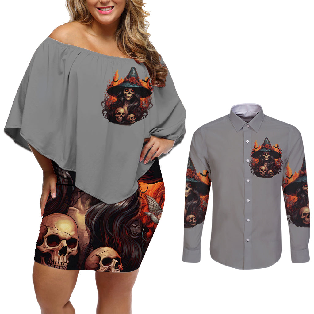 Witch Skull Couples Matching Off Shoulder Short Dress and Long Sleeve Button Shirt A Wee Bit Wicked - Wonder Print Shop