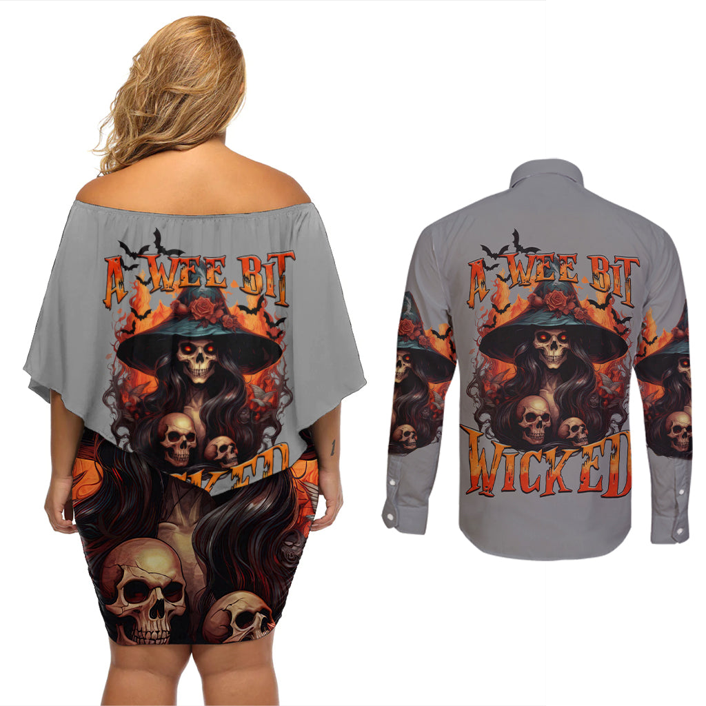 Witch Skull Couples Matching Off Shoulder Short Dress and Long Sleeve Button Shirt A Wee Bit Wicked - Wonder Print Shop