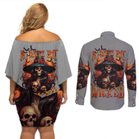 Witch Skull Couples Matching Off Shoulder Short Dress and Long Sleeve Button Shirt A Wee Bit Wicked - Wonder Print Shop