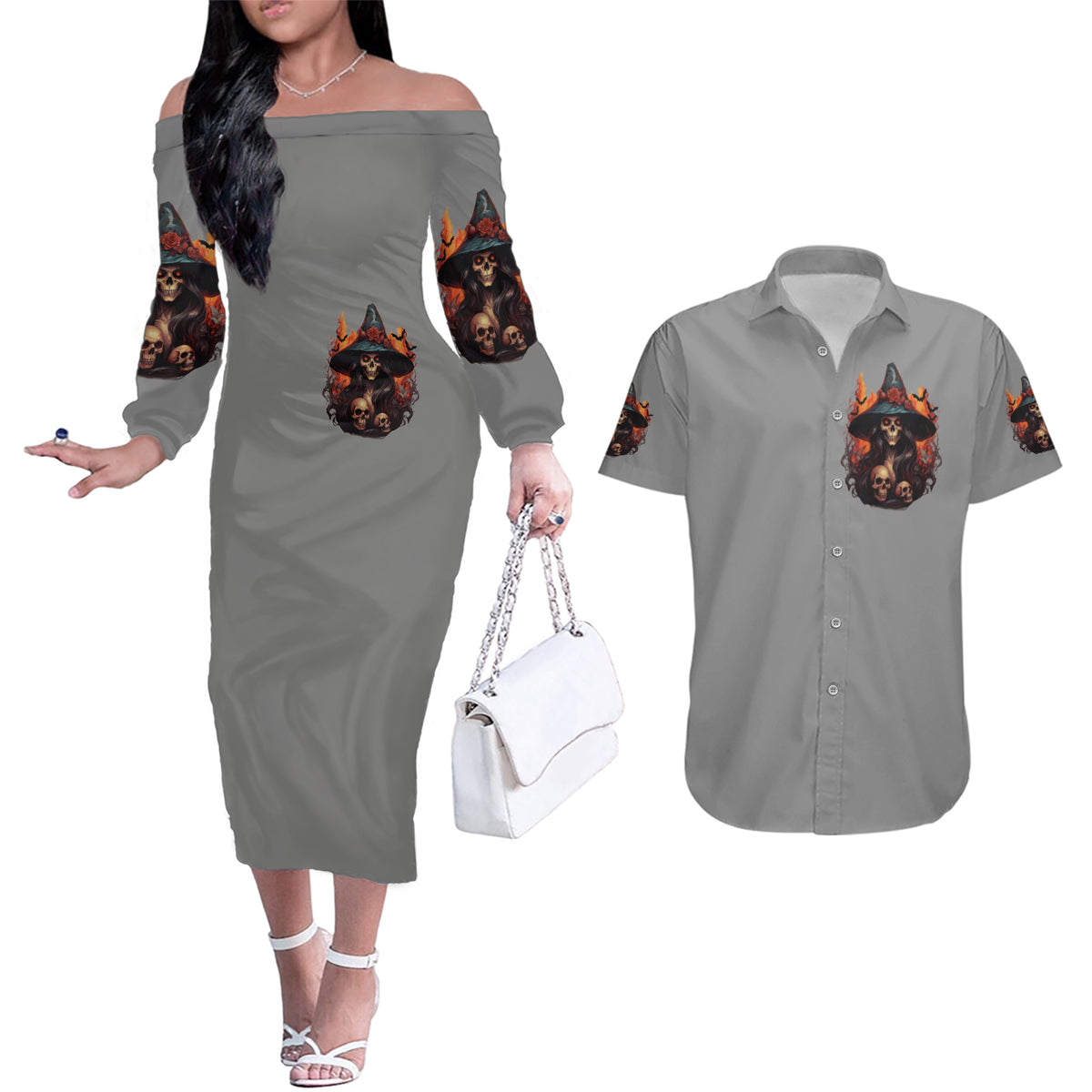 Witch Skull Couples Matching Off The Shoulder Long Sleeve Dress and Hawaiian Shirt A Wee Bit Wicked - Wonder Print Shop