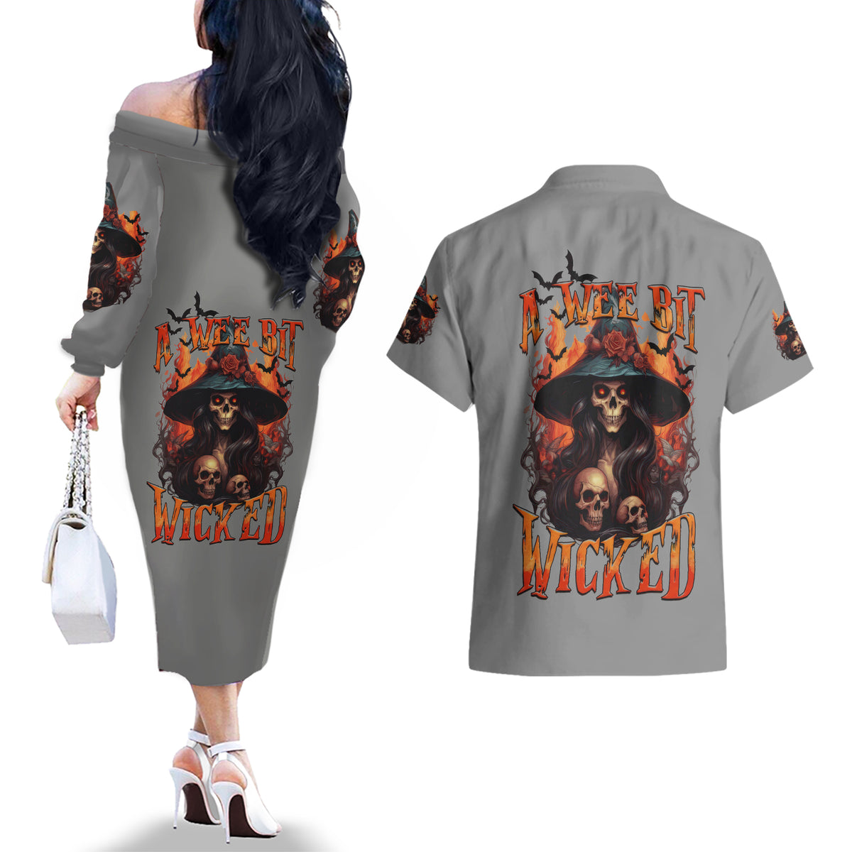 Witch Skull Couples Matching Off The Shoulder Long Sleeve Dress and Hawaiian Shirt A Wee Bit Wicked - Wonder Print Shop