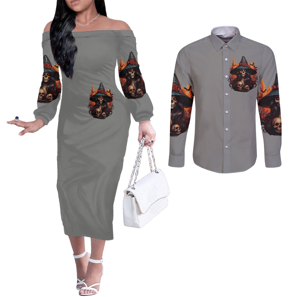 Witch Skull Couples Matching Off The Shoulder Long Sleeve Dress and Long Sleeve Button Shirt A Wee Bit Wicked DT01