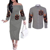 Witch Skull Couples Matching Off The Shoulder Long Sleeve Dress and Long Sleeve Button Shirt A Wee Bit Wicked DT01