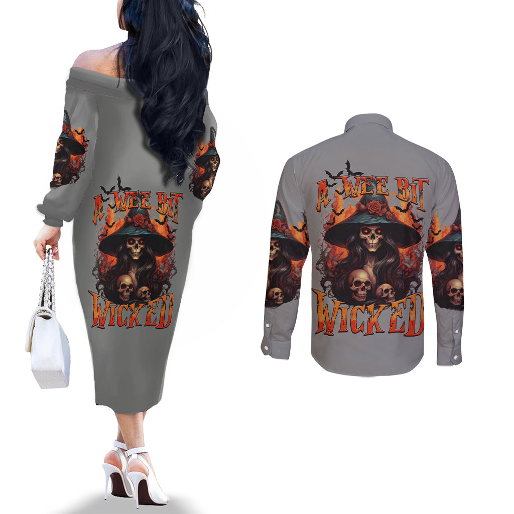 Witch Skull Couples Matching Off The Shoulder Long Sleeve Dress and Long Sleeve Button Shirt A Wee Bit Wicked DT01