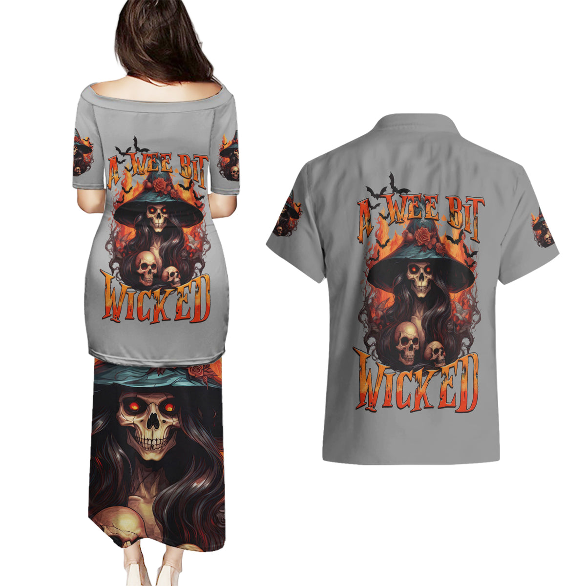 Witch Skull Couples Matching Puletasi Dress and Hawaiian Shirt A Wee Bit Wicked - Wonder Print Shop