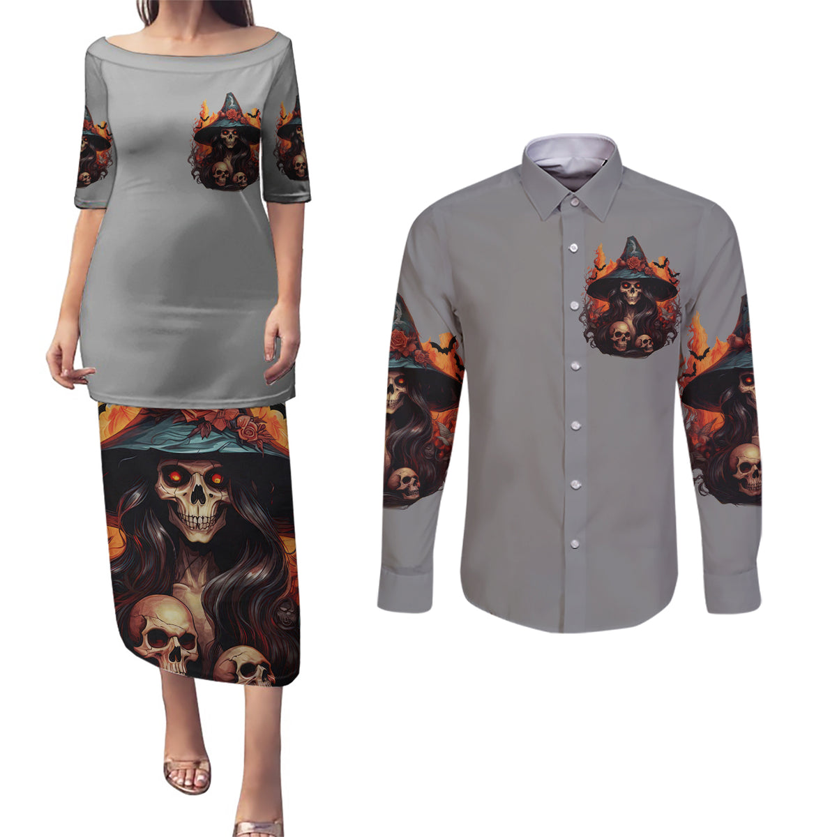 Witch Skull Couples Matching Puletasi Dress and Long Sleeve Button Shirt A Wee Bit Wicked - Wonder Print Shop