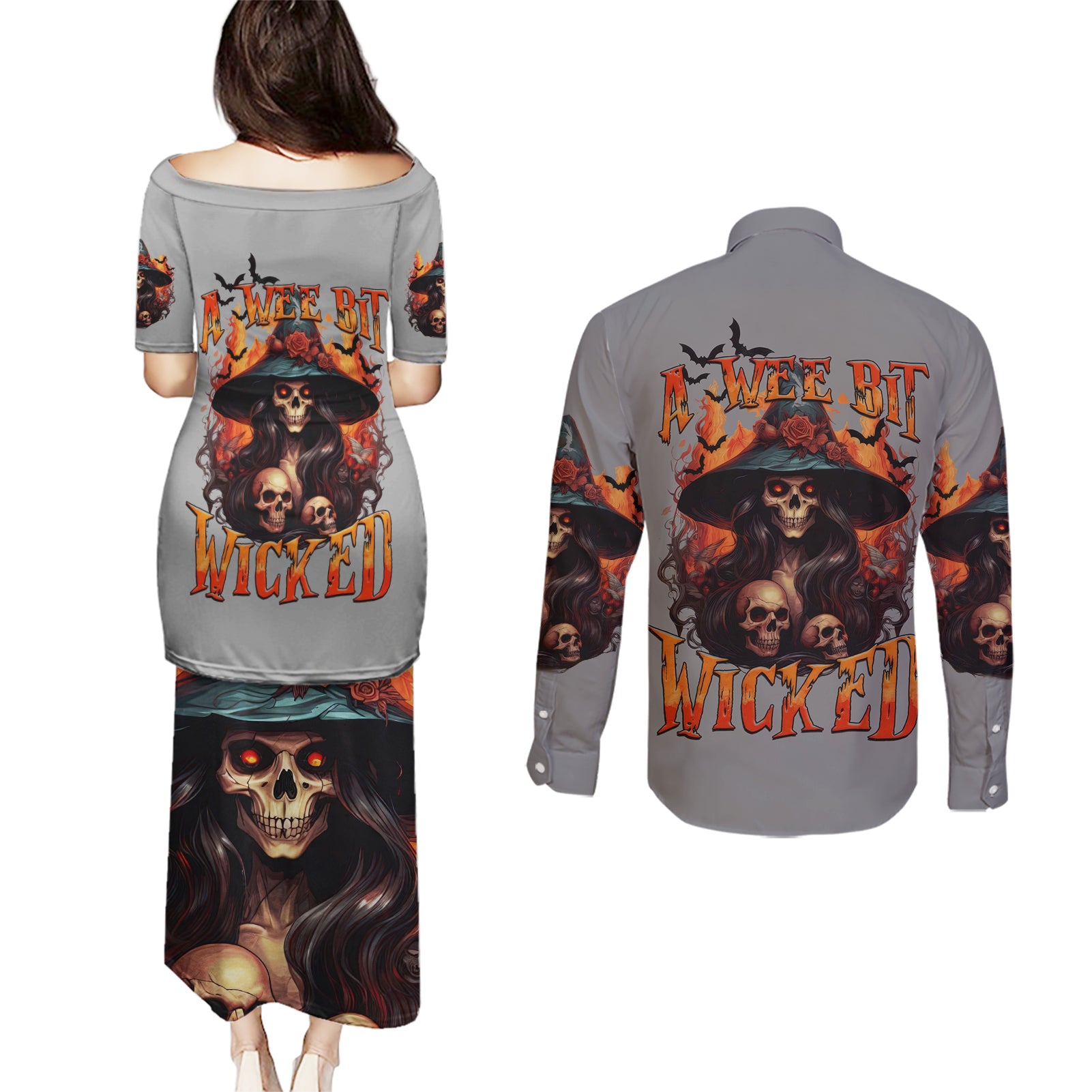 Witch Skull Couples Matching Puletasi Dress and Long Sleeve Button Shirt A Wee Bit Wicked - Wonder Print Shop