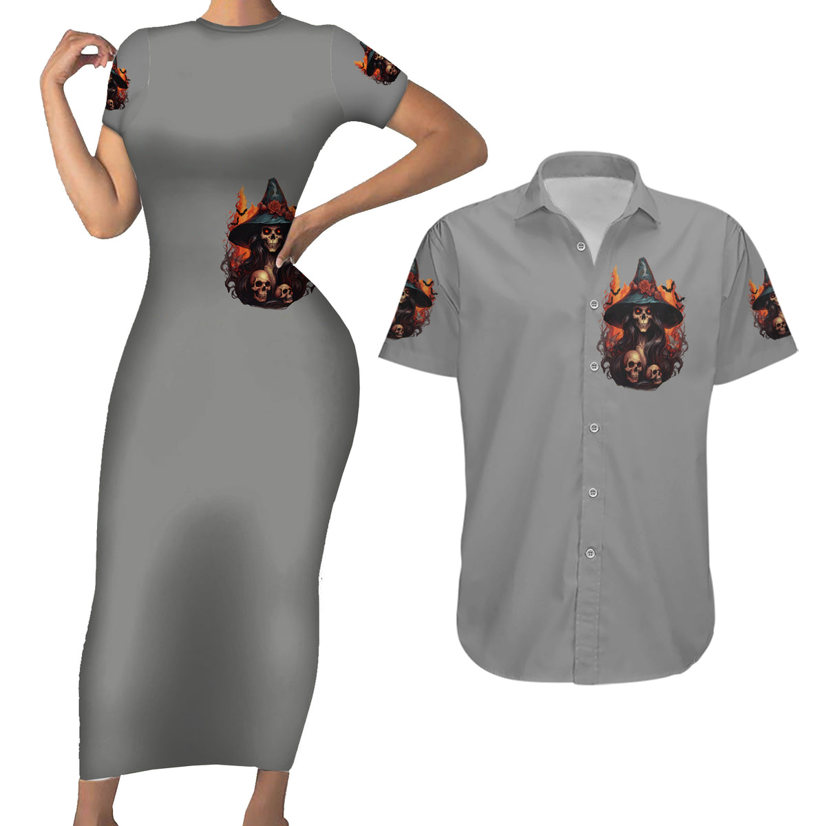 Witch Skull Couples Matching Short Sleeve Bodycon Dress and Hawaiian Shirt A Wee Bit Wicked - Wonder Print Shop
