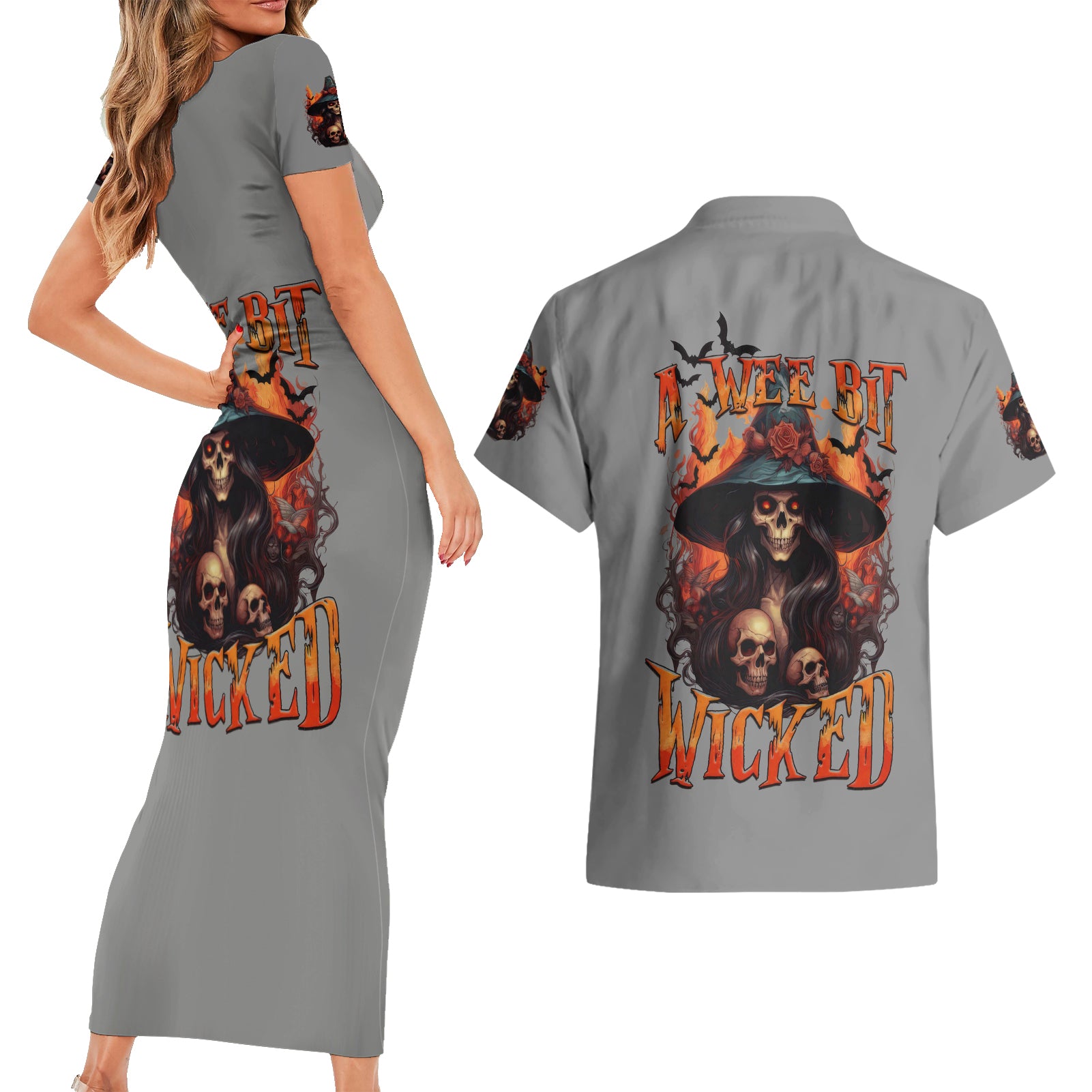 Witch Skull Couples Matching Short Sleeve Bodycon Dress and Hawaiian Shirt A Wee Bit Wicked - Wonder Print Shop