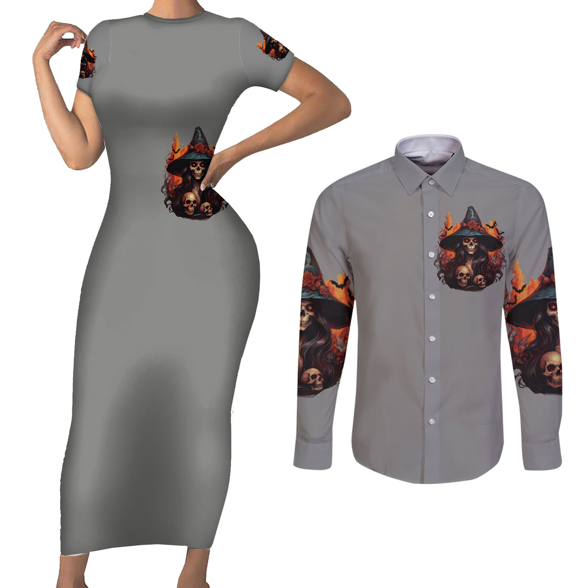 Witch Skull Couples Matching Short Sleeve Bodycon Dress and Long Sleeve Button Shirt A Wee Bit Wicked - Wonder Print Shop
