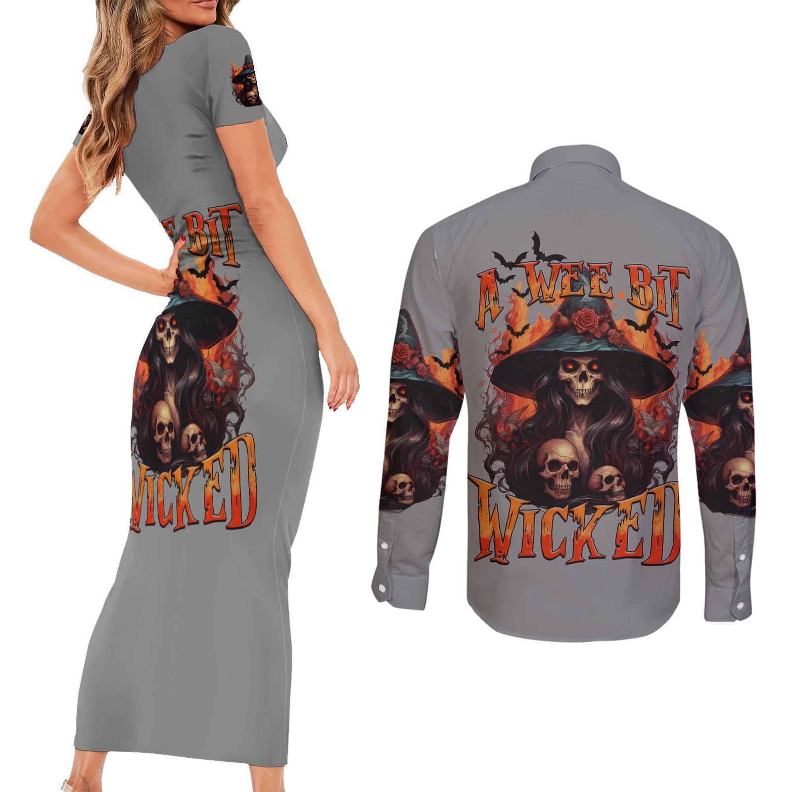 Witch Skull Couples Matching Short Sleeve Bodycon Dress and Long Sleeve Button Shirt A Wee Bit Wicked - Wonder Print Shop
