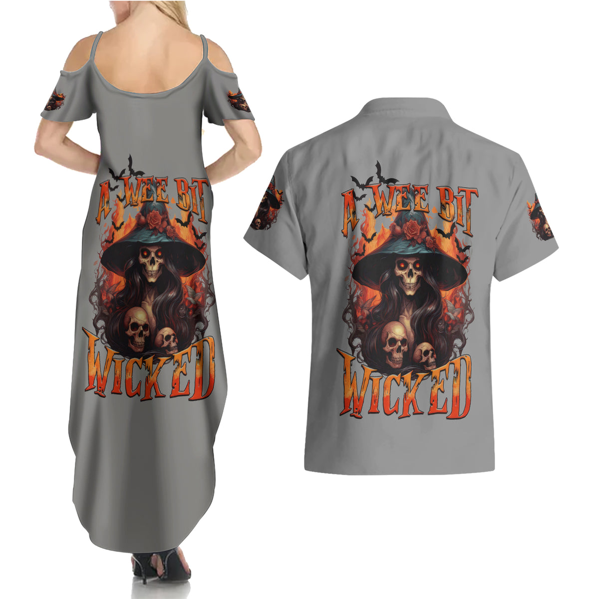 Witch Skull Couples Matching Summer Maxi Dress and Hawaiian Shirt A Wee Bit Wicked - Wonder Print Shop