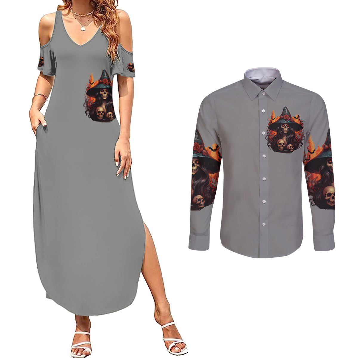 Witch Skull Couples Matching Summer Maxi Dress and Long Sleeve Button Shirt A Wee Bit Wicked - Wonder Print Shop