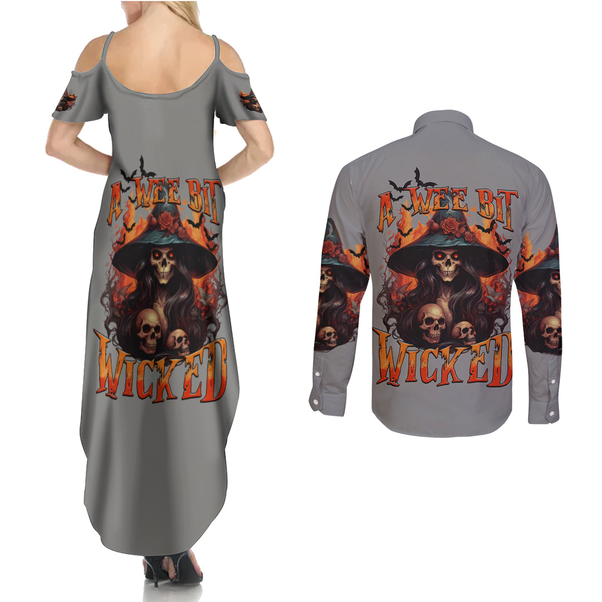 Witch Skull Couples Matching Summer Maxi Dress and Long Sleeve Button Shirt A Wee Bit Wicked - Wonder Print Shop