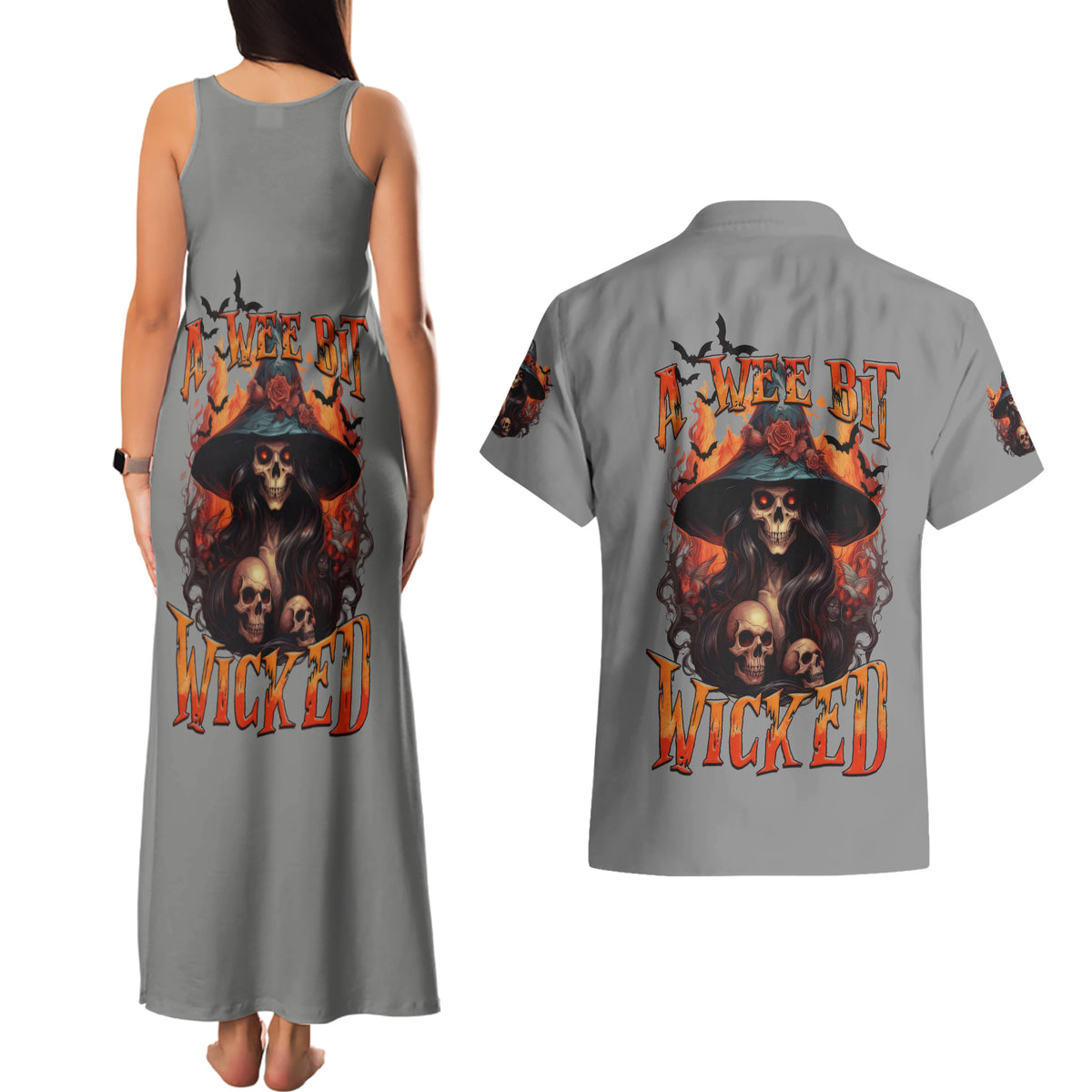 Witch Skull Couples Matching Tank Maxi Dress and Hawaiian Shirt A Wee Bit Wicked - Wonder Print Shop